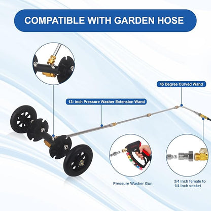 DUSICHIN Undercarriage Cleaner Water Broom Pressure Washer Attachment, 15 Inches Undercarriage Washer, Pressure Washer Underbody Car Cleaner 4 Extension Wands 4 nozzles Garden Hose Adapter DUS3202