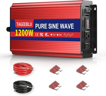 1200W Pure Sine Wave Inverter, 12V DC to 110V/120V AC Power Inverter for RV、Off Grid、Truck、with 2 AC outlets and LCD Display