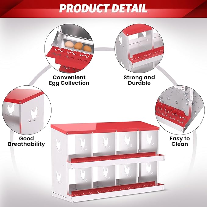 Chicken Nesting Box, Red 8 Hole Egg Laying Box, Suitable for Chickens & Ducks, Large Holes for Ventilation, Convenient for Picking up Eggs, Chicken Coop Nesting Box, Fully Galvanized