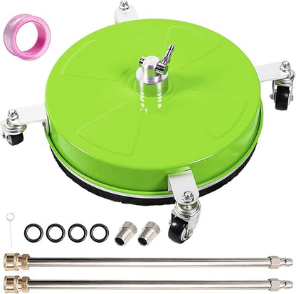 16" Pressure Washer Surface Cleaner with 4 Wheels, Coated Green Stainless Steel Power Washer Surface Cleaner for Driveway Sidewalk Patio, 1/4" Quick Connector 2 Extension Wand, 4000 PSI