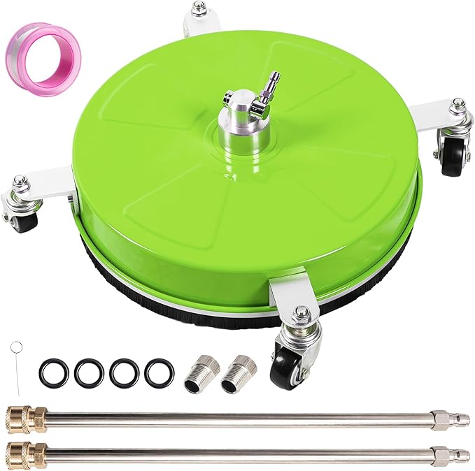 14" Pressure Washer Surface Cleaner with 4 Wheels, Coated Green Stainless Steel Power Washer Surface Cleaner for Driveway Sidewalk Patio, 1/4" Quick Connector 2 Extension Wand, 4000 PSI