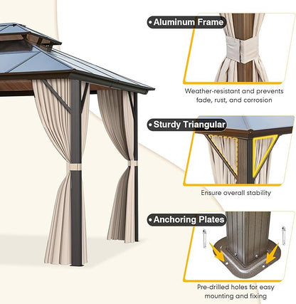 MELLCOM 12'x16' Hardtop Gazebo with Polycarbonate Double Roof, Aluminum Frame Outdoor Gazebos with Curtains and Netting for Garden, Lawn and Patio