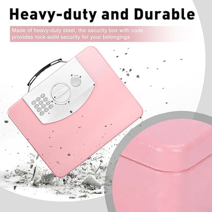 KYODOLED Pink Safe Box with Digital Keypad Lock, Lock Box with Code for Personal Items, Metal Security Box for Cash, Passport, Jewelry, Ideal for Home, Office, Garage Sale, 11.8'' x 9.4'' x 3.5''