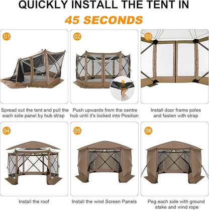 COBlZl 12x12 pop up Gazebo on Clearance Screen Canopy Tent for Camping,Outdoor Instant Stargazing Gazebo,Portable Hub Tent with Removable Sidewalls,Pavilion for Backyard,Brown
