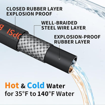 Pressure Washer Hose 100FT 1/4" for Cold & Hot Water (Up to 140℉) 4200 PSI Kink Resistant Industrial Grade Steel Wire Braided QC Ends with 3/8" Adapters for Professional and Home