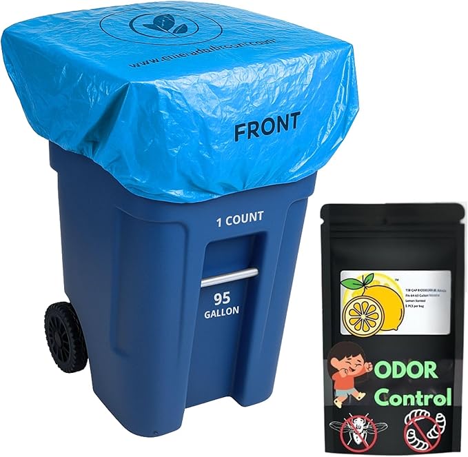 | Odor Eliminating Trash Can Cover for 95 Gallon Outdoor Bins | Lemon Scented with Elastic Band | Eliminates Trash Odor Naturally | 1 Durable Cover