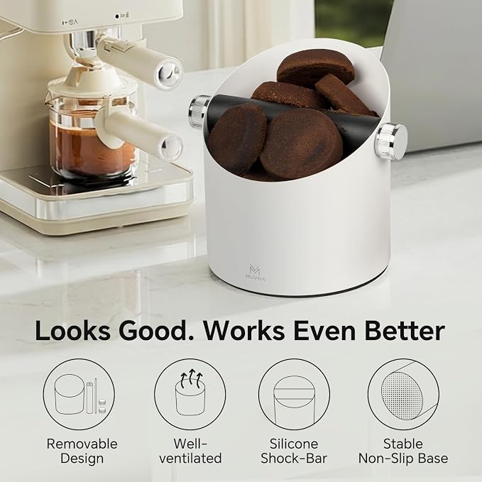 Espresso Knock Box Large Capacity - 15 Pucks Coffee Knock Box with Barista Towels, Removable Knock Bar & Non-Slip Base, Steel Coffee Puck Bin for Home, Espresso Accessories, White