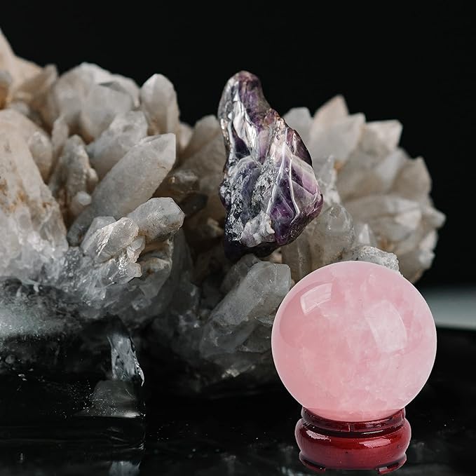 JIC Gem 2.5 Inch Natural Pink Rose Quartz Magic Crystal Healing Ball Ornament Sphere with Wood Stand for Decoration, Meditation, Scrying Mirror, Feng Shui.