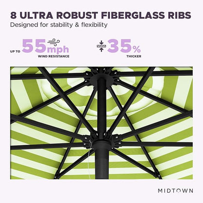 Midtown Umbrellas Push and Pop 9 Feet Outdoor Umbrella, Pear Stripes Polyester Fabric - Fiberglass Ribs Deck Patio Umbrella, Backyard Umbrella, Garden Umbrella & Pool Umbrella - Black Pole