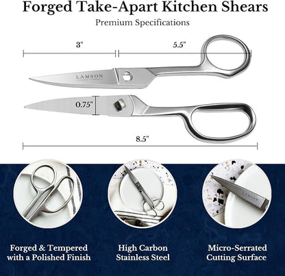 Lamson Kitchen Shears, 8 In Forged Take Apart Poultry Scissors | High-carbon steel cuts chicken bones, herb stems, twine and pizza; blades separate at the pivot; all stainless build