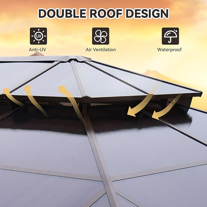 Aoxun 12'x16' Hardtop Gazebo, Aluminum Frame Permanent Pavilion with Netting and Curtains, Outdoor Polycarbonate Double Roof Canopy, Designed for Lawn, Garden, Patio (Brown)