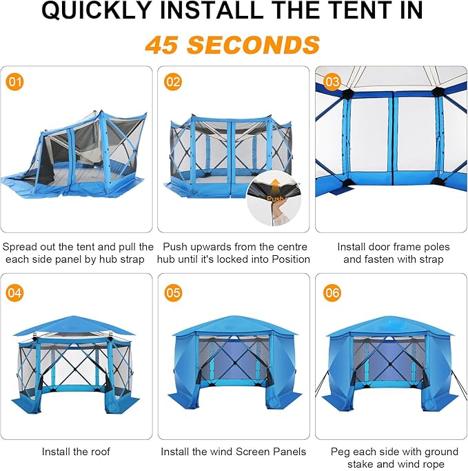 COBlZl Pop Up Gazebo 12x12 Screen House Tent for Camping, Outdoor Instant Stargazing Gazebo Canopy with Awning 2.0, Portable Hub Tent with Removable Sidewalls,Pavilion for Backyard,Blue