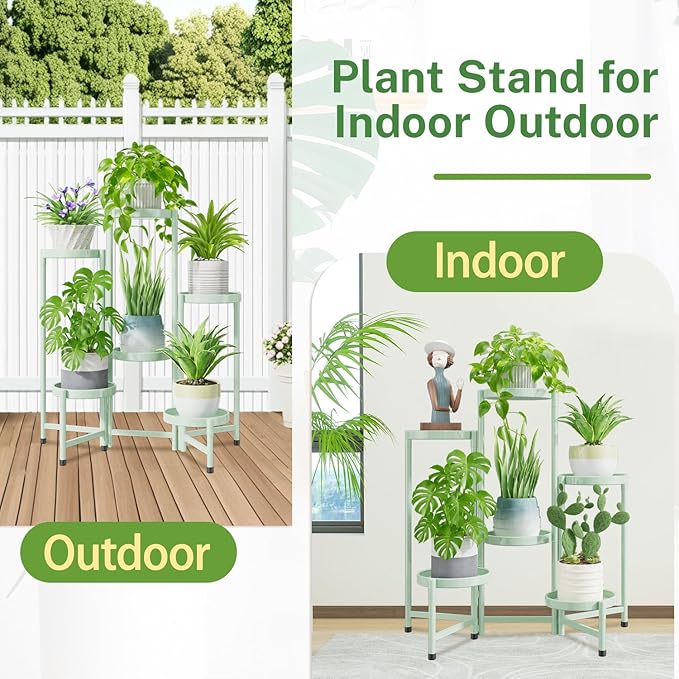 iDavosic.ly Plant Stand Indoor Outdoor, 6 Tier Corner Metal Flower Display Holder Shelf, Folding Tall Orchid Rack for Patio Balcony Porch Garden Living Room House, Light Green