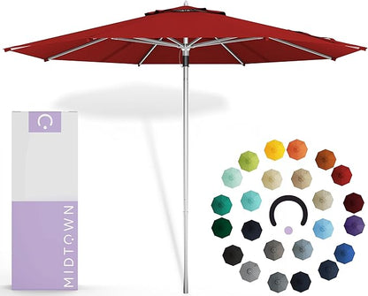 Midtown Umbrellas Push Pop Sunbrella Umbrella 10 Feet Large Outdoor Umbrella With Red Acrylic Fabric - Deck Patio Umbrella, Backyard Umbrella, Garden Umbrella & Pool Umbrella - Black Pole