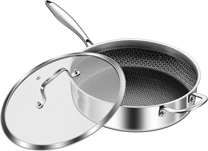 DELARLO Tri-Ply Stainless Steel 12 Inch Deep Frying Pan with lid,7QT Saute Pan Nonstick,Compatible with All Cooktops,Oven Up to 660℉,Chicken Fryer,Dishwasher-Friendly