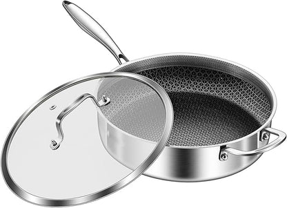 DELARLO Tri-Ply Stainless Steel 12 Inch Deep Frying Pan with lid,7QT Saute Pan Nonstick,Compatible with All Cooktops,Oven Up to 660℉,Chicken Fryer,Dishwasher-Friendly