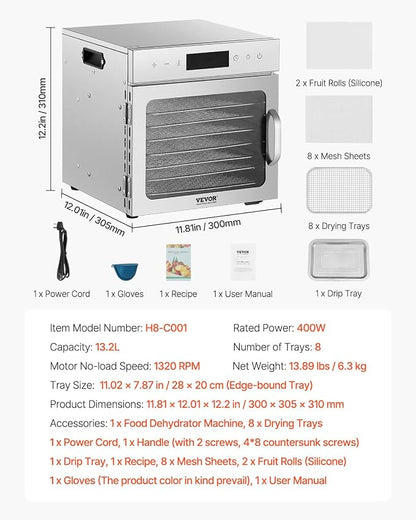 VEVOR Food Dehydrator Machine, 8 Stainless Steel Trays, 400W Electric Food Dryer with Adjustable Temperature & 24-Hour Timer, Food Dehydrator for Jerky, Meat, Fruit, Vegetables, Herbs, Dog Treats