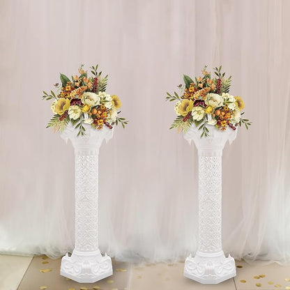Roman Column Pedestal, Plastic White Columns for Weddings Indoor/Outdoor Roman Pillar Stand for Table Sculptures, Vase, Garden Decor (2PCS, 10.6 x 34.6 Inch Fretwork)