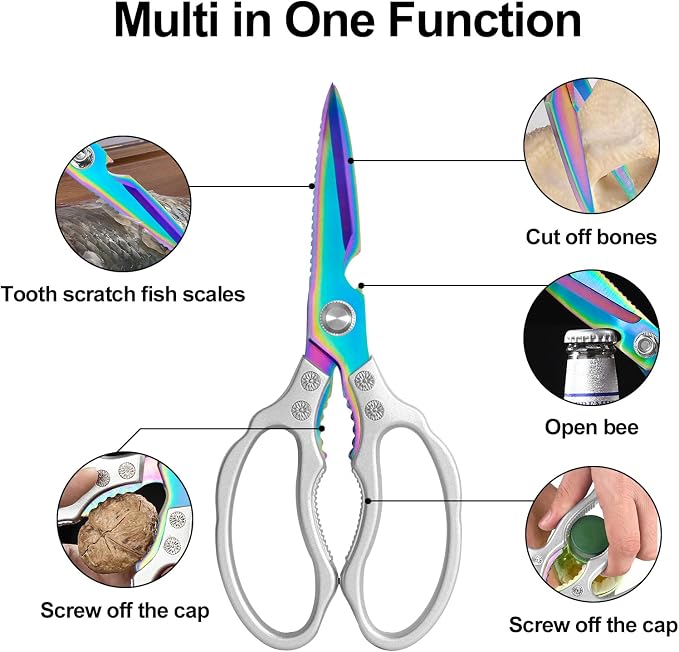 CGBE Kitchen Scissors, Multi-Purpose Kitchen Shears, Heavy Duty Dishwasher Safe Food Scissors for Chicken, Poultry, Fish, Meat & Herbs with Non-Slip Grips - Sliver Colorful