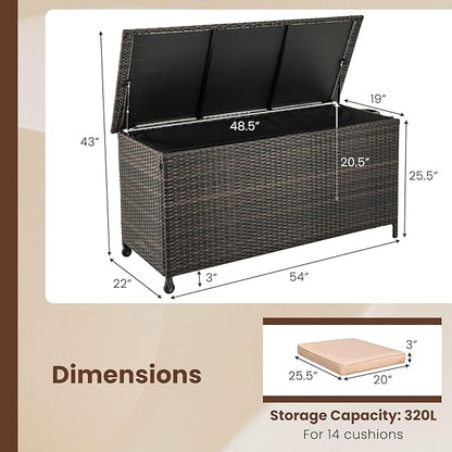 RELAX4LIFE 85-Gallon Deck Box with Wheels - Wicker Rattan Storage Bin Container w/Waterproof Liner & Gas Strut for Patio Cushions, Garden Tools, Pool Supplies, Indoor Outdoor Storage Box (Brown)