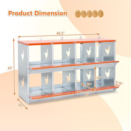 Chicken Nesting Boxes, 8-Bay Metal Nest Box with Vented Galvanized Steel Coop Equipment Wall Mount for Hens Ducks Poultry, Easy Egg Collection & Assembly, Orange (8 Compartment)
