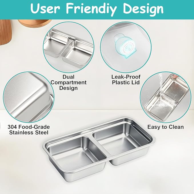 4Pcs 304 Stainless Steel Snack Containers, 2 Compartments Portable Food Storage Bento Boxes with Lids, Divided Meal Prep Lunch Box Food Container Dishwasher Safe