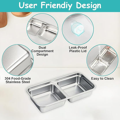 4Pcs 304 Stainless Steel Snack Containers, 2 Compartments Portable Food Storage Bento Boxes with Lids, Divided Meal Prep Lunch Box Food Container Dishwasher Safe
