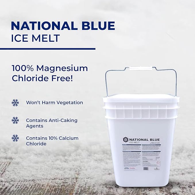 National Blue Snow Salt Ice Melt 35lb Bucket - Fast Acting Ice Melter - Pet, Plant and Concrete Friendly, Environmentally Safe - Free of Magnesium Chloride - Melts to -15°F