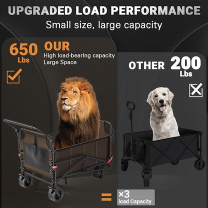 LEVELEVE Heavy Duty Folding Wagon - 2-in-1 Collapsible Cart, 650lb Capacity, All-Terrain Wheels w/Brakes & Side Pockets