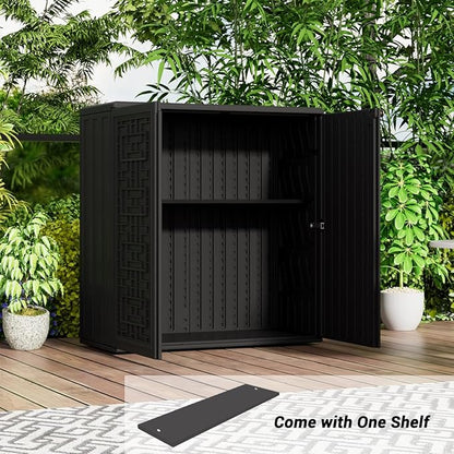 KINYING Outdoor Storage Cabinet Waterproof, Resin 60 Gallon Deck Box for Patio Furniture Cushions, Garden Tools, Pool Tools and Kids’ Toys (Black with 1 Shelving)