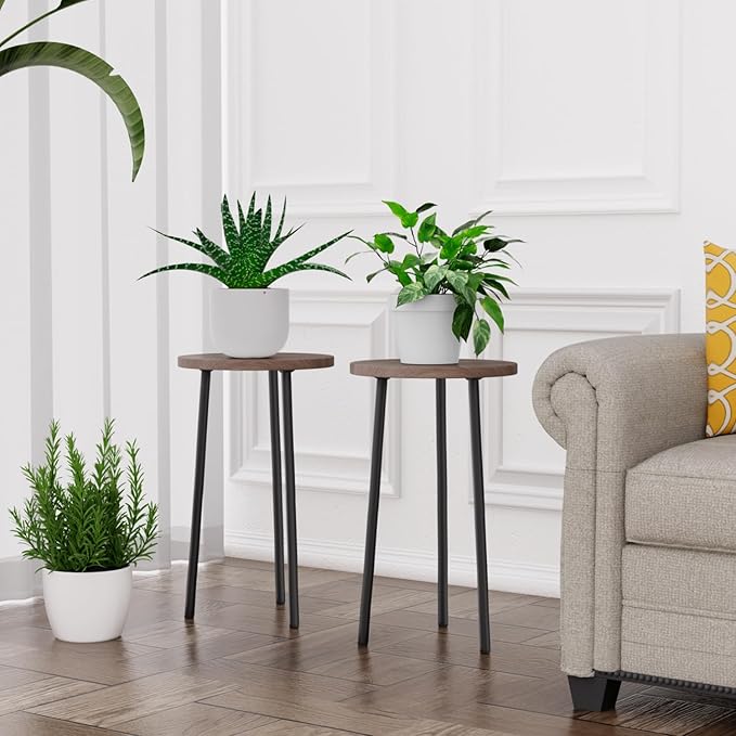 Plant Stand Indoor 2 Pack: Corner Wood 20 Inch Plant Stand Mid Century Modern Decor - Small Round Plant Table for Indoor Plants - Outdoor Plant Holder for Patio Living Room Bathroom Office (Grey Wood)