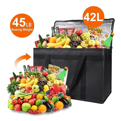 Bodaon 1-Pack Insulated Food Delivery Bag, XX-Large Reusable Grocery Shopping Bag, Frozen Food Cold, Cooler Bags with Zippered Top, Black | Reusable Shopping, Frozen Food Cold, Cooler Bags for Picnic, Commercial Catering Pizza Carrier, Thermal Hot, Col...
