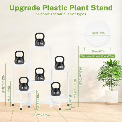 iDavosic.ly 6 Tier Folding Plant Stand Indoor Outdoor with Plastic Tray, Tiered Corner Flower Holder Shelf, Metal Orchid Display Rack for Patio Porch Living Room Garden Balcony, White