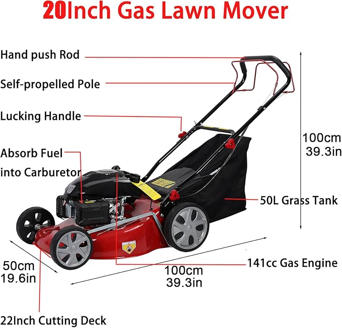 Self Propelled Gas Lawn Mower, 141cc 4-Stroke Gas Engine Lawn Mower with 20 Inches Blade Walk-Behind Lawn Mover Cordless Push Lawn Mowers Tractors with 50L Grass Tank Big Wheels 2850RPM (141cc)