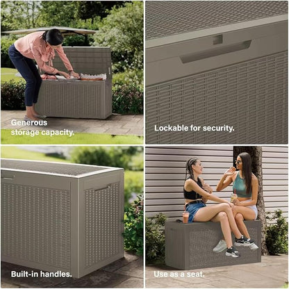 100 Gallon Deck Box, Resin Outdoor Indoor Waterproof Storage Box, Lockable Storage Box With Handle for Patio Furniture - Garden Tools - Swimming Pool Tools UV-Resistant, Grey