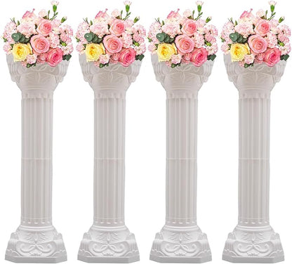 Roman Column Pedestal, Plastic White Columns for Weddings Indoor/Outdoor Roman Pillar Stand for Table Sculptures, Vase, Garden Decor (4PCS, 10.6 x 34.6 Inch Round)