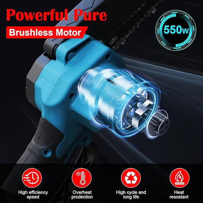 6-Inch Mini Chainsaw, Cordless Handheld Electric Chainsaw with 2x 24V 4000mAh Batteries & 2 Chains, Lightweight & Portable, for Tree Trimming, Wood Cutting, Gardening, Outdoor & Household Use (Blue)