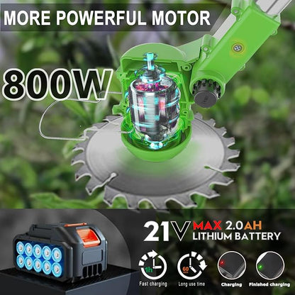 Electric Weed Wacker Eater Battery Powered, Cordless 21V Weed Trimmer with 2 Battery Operated & Charger & Wheels & Shears, 3 in 1 Lightweight Grass Trimmer/Edger/Brush Cutter for Garden Yard Lawn