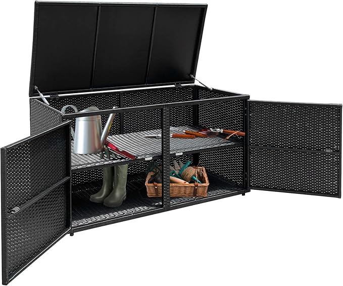 HAPPYGRILL Deck Box Outdoor Wicker Storage Box Cabinet, 88 Gallon Patio Rattan Storage Container Bin Box for Furniture Tools in Garden Balcony Porch Yard