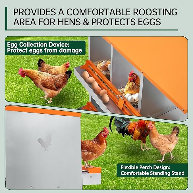 Chicken Nesting Boxes, 8 Hole Chicken Boxes for Laying Eggs with Lid, Metal Nesting Boxes for Chickens with Swing Perch and Roll Away Egg Collection for Chicken Coop, 1 Layer 3 compartments