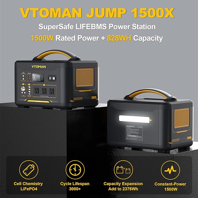 VTOMAN 2376Wh Portable Power Station, Jump 1500X Solar Generator with Extra Battery, 3000W Peak Durable LiFePO4 (LFP) Battery Station with 1500W AC Outlets, PD 100W for Home Backup & RV/Van Camping