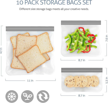 10 Pack Reusable Gallon Freezer Bags, Grey | Dishwasher Safe Silicone Food Snack Storage Bags with 3 Sizes for Snack, Sandwich, Lunch