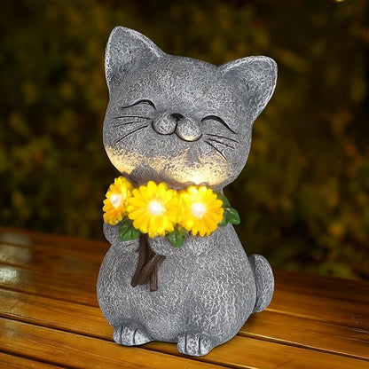 Solar Garden Statues Cat with Daisy and LED Lights Birthday Gifts for Women Mom Grandma Solar Outdoor Cat Decor for Outside,Outdoor Solar Lights for Yard, Garden and Patio, Unique Gift for Women