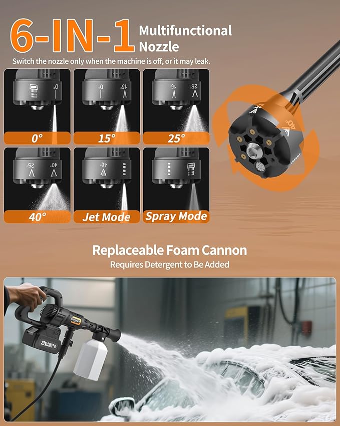 Cordless Pressure Washer Battery Powered; 1200PSI Cordless Power Washer with Brushless Motor, 4.0Ah Battery,6-in-1 Nozzle, 3 Power Level; Handheld Portable Pressure Washer Cordless (5022-BK2)