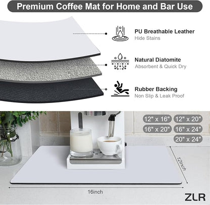 ZLR Coffee Bar Mat for Keurig & Nespresso, 12"x16" Small, Light Gray | Absorbent Dish Drying Mat, Stain-Hiding PU Leather Top, Non-Slip Rubber Back, Heat-Resistant, Fits Frother & Pour-Over