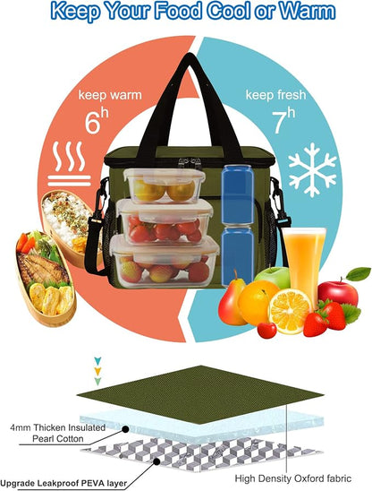 Lunch Bags for Women/Men, Insulated Lunch Bag for Work Office Picnic - Large Lunch Cooler Bag Leakproof Lunch Box with Adjustable Shoulder Strap for Adults - Army Green