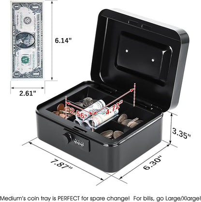 KYODOLED Metal Cash Box with Combination Lock & Money Tray - Secure Safe for Home, Office & Events, Ideal for Cash, Meds & Small Items, 7.87" x 6.30" x 3.35", Black, 2 Pack