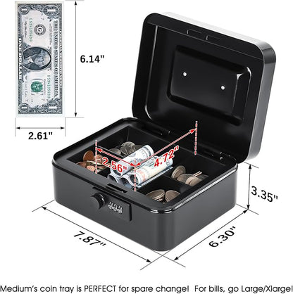 KYODOLED Cash Box with Combination Lock Safe Metal Money Box with Money Tray for Security Lock Box 7.87"x 6.30"x 3.35" Black