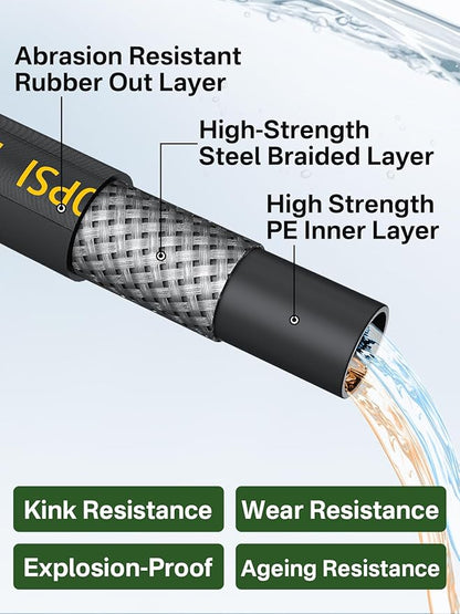 4200PSI Pressure Washer Hose 50FT with 3/8" Swivel Quick Connect for Cold/Hot Water, Kink Resistant Steel Wire Braided, Wear Resistant Power Washer Hose with 2 M22 14mm Adapter Set
