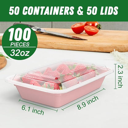 50 Pack (100-Piece) 32 oz Meal Prep Containers with Easy Open Lids, Pink | Sturdy Leakproof & Food Safe, Microwave, Freezer, Dishwasher Safe Prep Containers, To Go Take Out Plastic Food Storage
